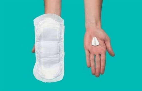 Picture of two hands one holding an incontinence pad one holding finess device